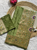 Sage Olive Green Luxury Silk Saree with Antique Gold Multicolour Banarasi Border & Zari Butta Motifs