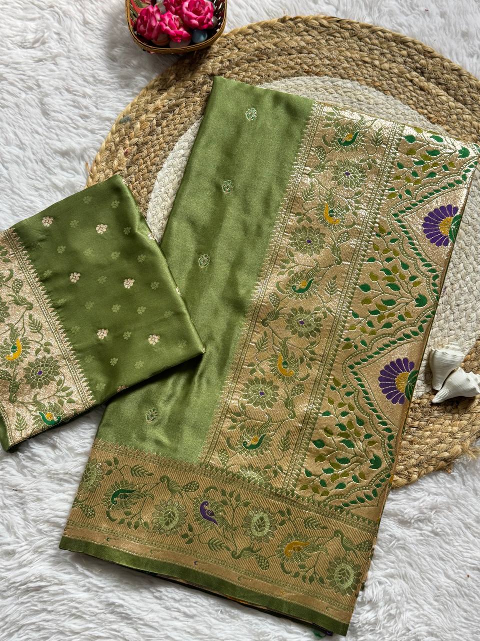 Sage Olive Green Luxury Silk Saree with Antique Gold Multicolour Banarasi Border & Zari Butta Motifs