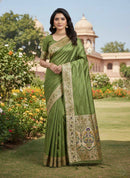 Sage Olive Green Luxury Silk Saree with Antique Gold Multicolour Banarasi Border & Zari Butta Motifs