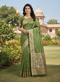 Sage Olive Green Luxury Silk Saree with Antique Gold Multicolour Banarasi Border & Zari Butta Motifs