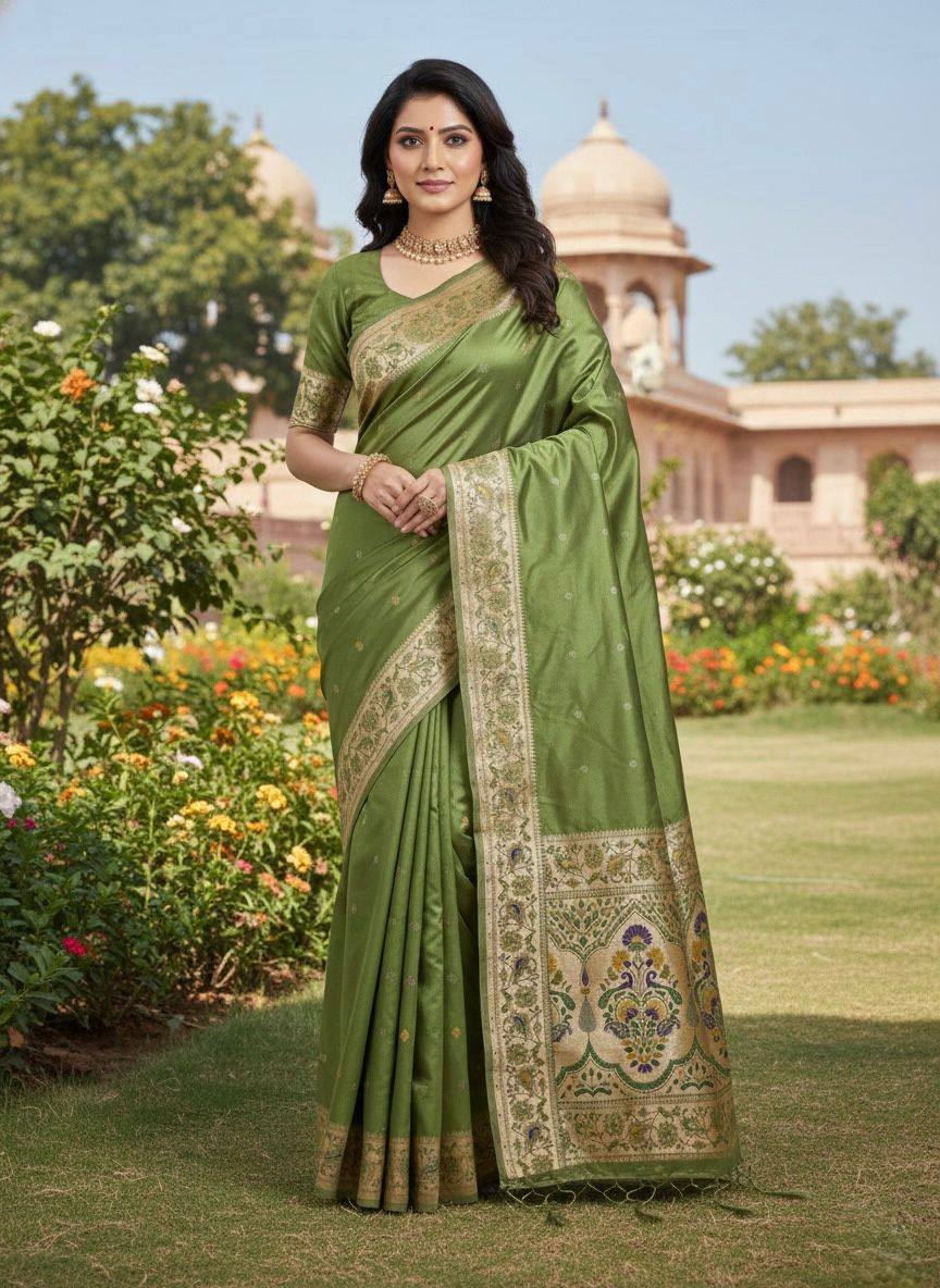 Sage Olive Green Luxury Silk Saree with Antique Gold Multicolour Banarasi Border & Zari Butta Motifs