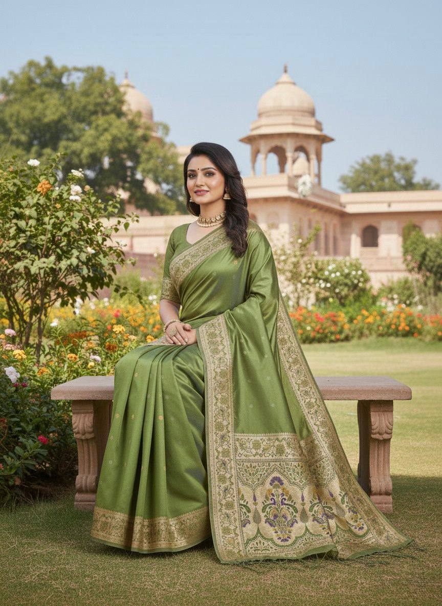 Sage Olive Green Luxury Silk Saree with Antique Gold Multicolour Banarasi Border & Zari Butta Motifs