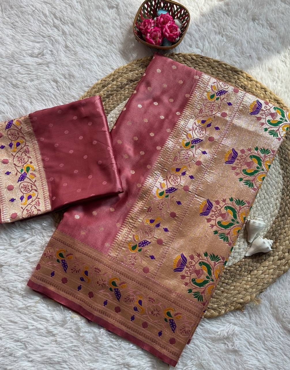 Antique Rose Mauve Luxury Silk Saree with Multicolour Banarasi Peacock Border & Gold Zari Buttas