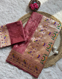 Antique Rose Mauve Luxury Silk Saree with Multicolour Banarasi Peacock Border & Gold Zari Buttas