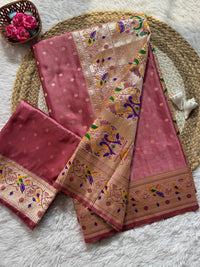Antique Rose Mauve Luxury Silk Saree with Multicolour Banarasi Peacock Border & Gold Zari Buttas