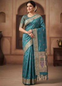 Muted Teal Blue Luxury Silk Saree with Multicolour Banarasi Border & Zari Butta Motifs