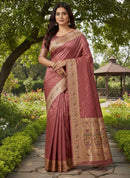Antique Rose Mauve Luxury Silk Saree with Multicolour Banarasi Peacock Border & Gold Zari Buttas