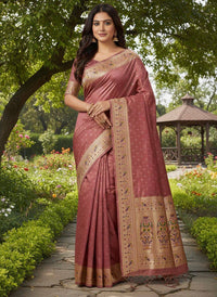 Antique Rose Mauve Luxury Silk Saree with Multicolour Banarasi Peacock Border & Gold Zari Buttas