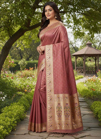 Antique Rose Mauve Luxury Silk Saree with Multicolour Banarasi Peacock Border & Gold Zari Buttas