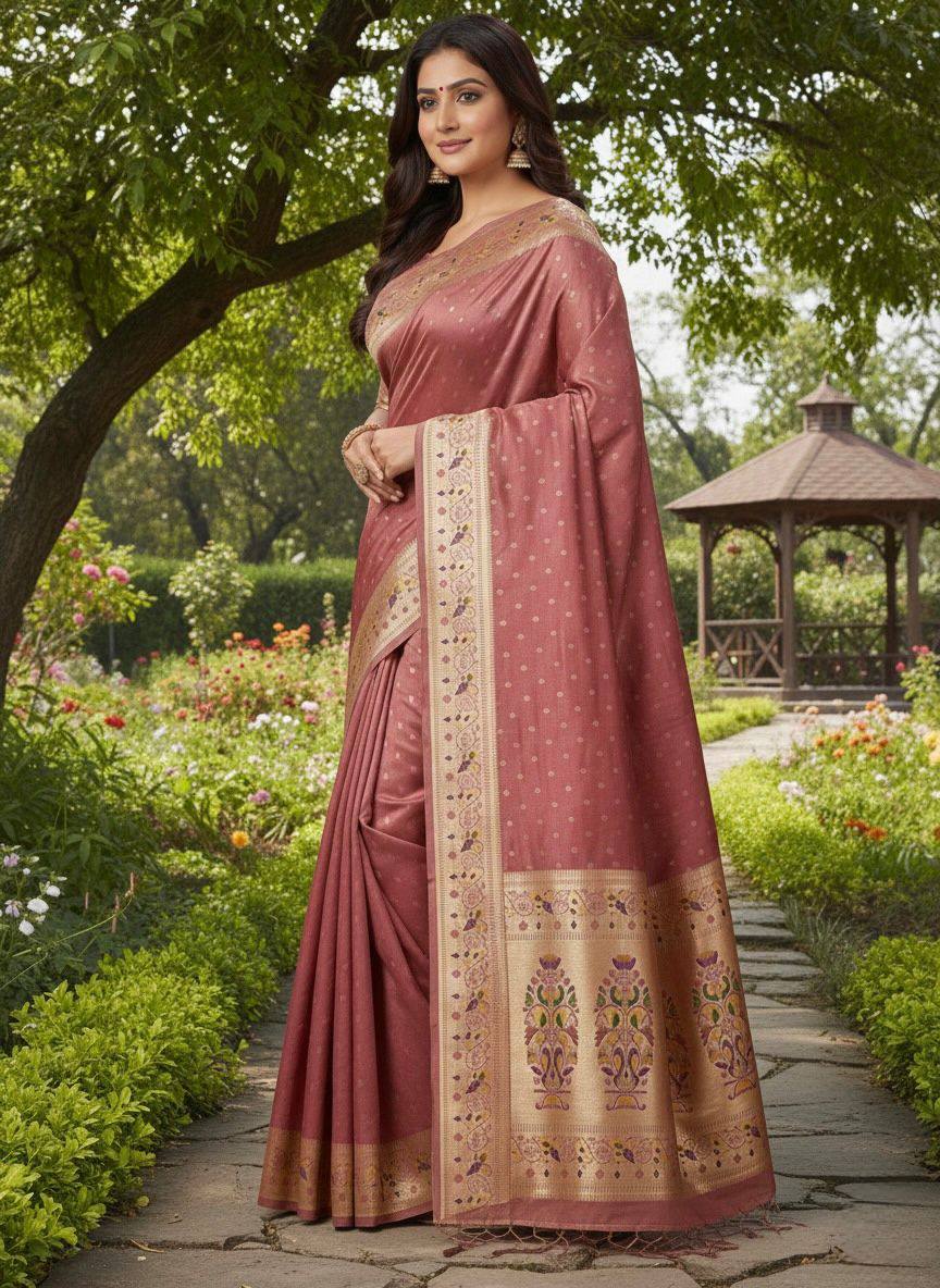 Antique Rose Mauve Luxury Silk Saree with Multicolour Banarasi Peacock Border & Gold Zari Buttas