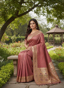 Antique Rose Mauve Luxury Silk Saree with Multicolour Banarasi Peacock Border & Gold Zari Buttas