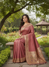 Antique Rose Mauve Luxury Silk Saree with Multicolour Banarasi Peacock Border & Gold Zari Buttas