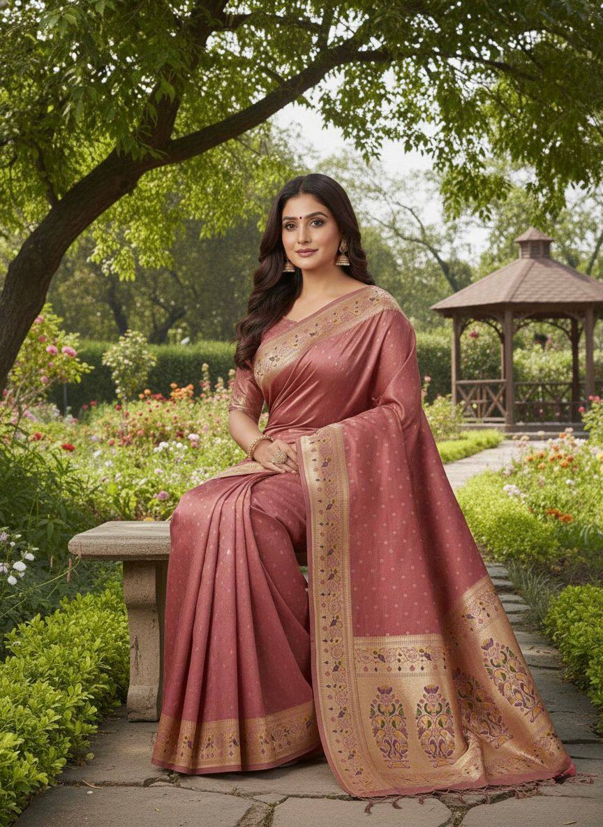 Antique Rose Mauve Luxury Silk Saree with Multicolour Banarasi Peacock Border & Gold Zari Buttas