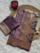 Dusky Plum Luxury Silk Saree with Antique Gold Banarasi Peacock Border & Zari Butta Motifs