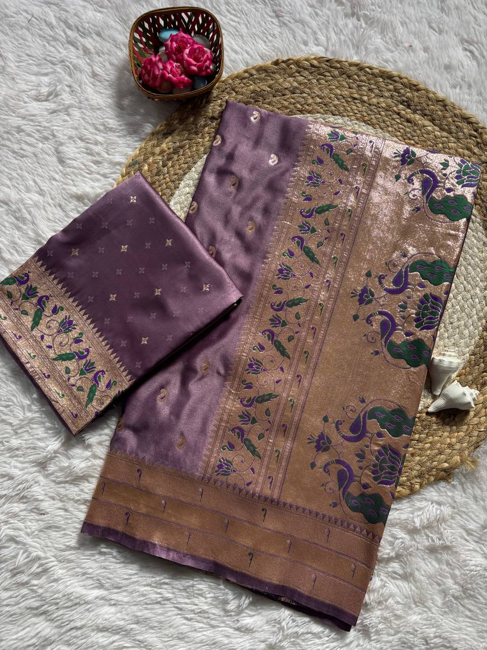 Dusky Plum Luxury Silk Saree with Antique Gold Banarasi Peacock Border & Zari Butta Motifs