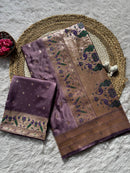 Dusky Plum Luxury Silk Saree with Antique Gold Banarasi Peacock Border & Zari Butta Motifs