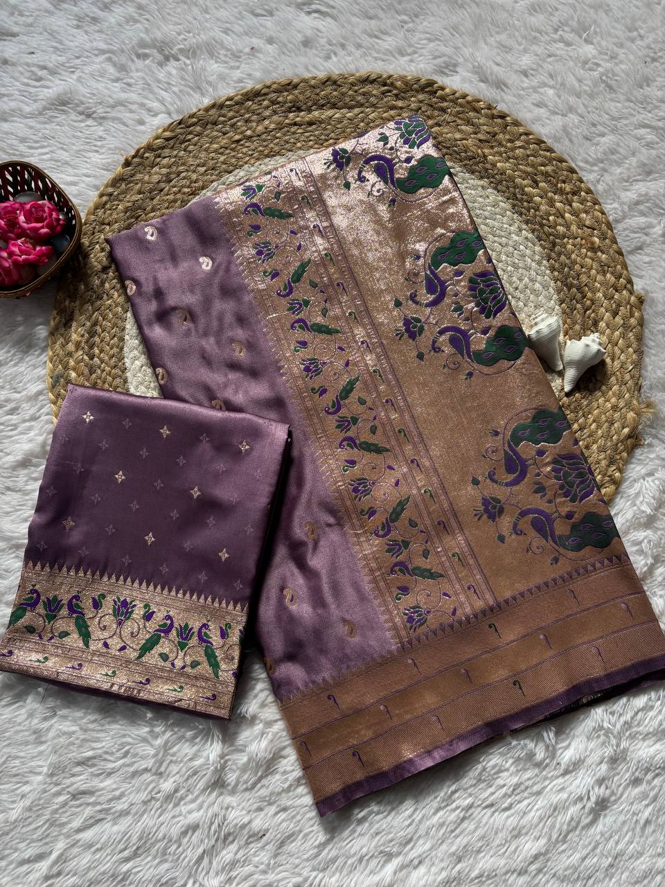 Dusky Plum Luxury Silk Saree with Antique Gold Banarasi Peacock Border & Zari Butta Motifs