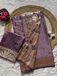 Dusky Plum Luxury Silk Saree with Antique Gold Banarasi Peacock Border & Zari Butta Motifs