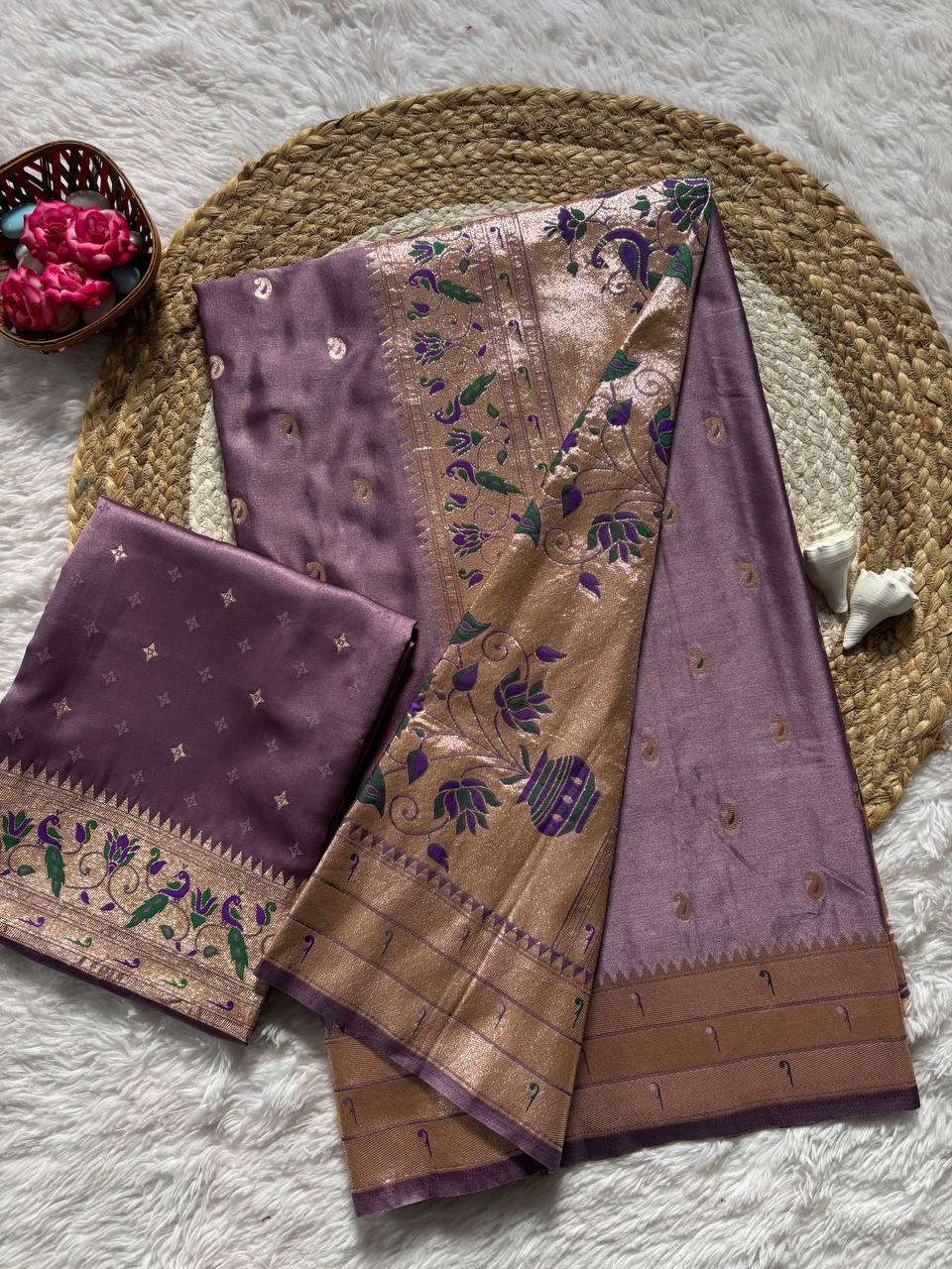 Dusky Plum Luxury Silk Saree with Antique Gold Banarasi Peacock Border & Zari Butta Motifs