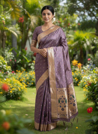 Dusky Plum Luxury Silk Saree with Antique Gold Banarasi Peacock Border & Zari Butta Motifs