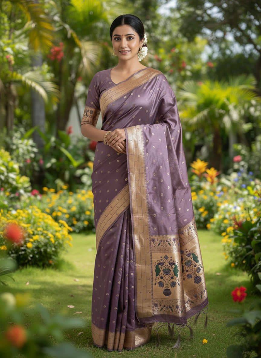 Dusky Plum Luxury Silk Saree with Antique Gold Banarasi Peacock Border & Zari Butta Motifs