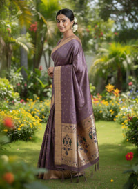 Dusky Plum Luxury Silk Saree with Antique Gold Banarasi Peacock Border & Zari Butta Motifs