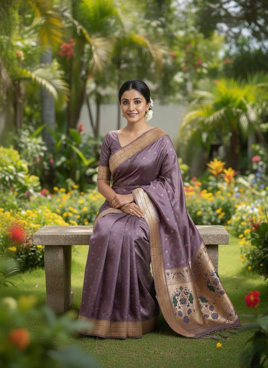 Dusky Plum Luxury Silk Saree with Antique Gold Banarasi Peacock Border & Zari Butta Motifs