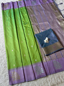 Parrot Green Luxury Silk Saree with Lavender Purple Banarasi Border & Silver Zari Butta Motifs