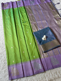 Parrot Green Luxury Silk Saree with Lavender Purple Banarasi Border & Silver Zari Butta Motifs