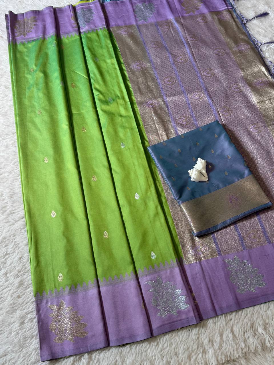 Parrot Green Luxury Silk Saree with Lavender Purple Banarasi Border & Silver Zari Butta Motifs