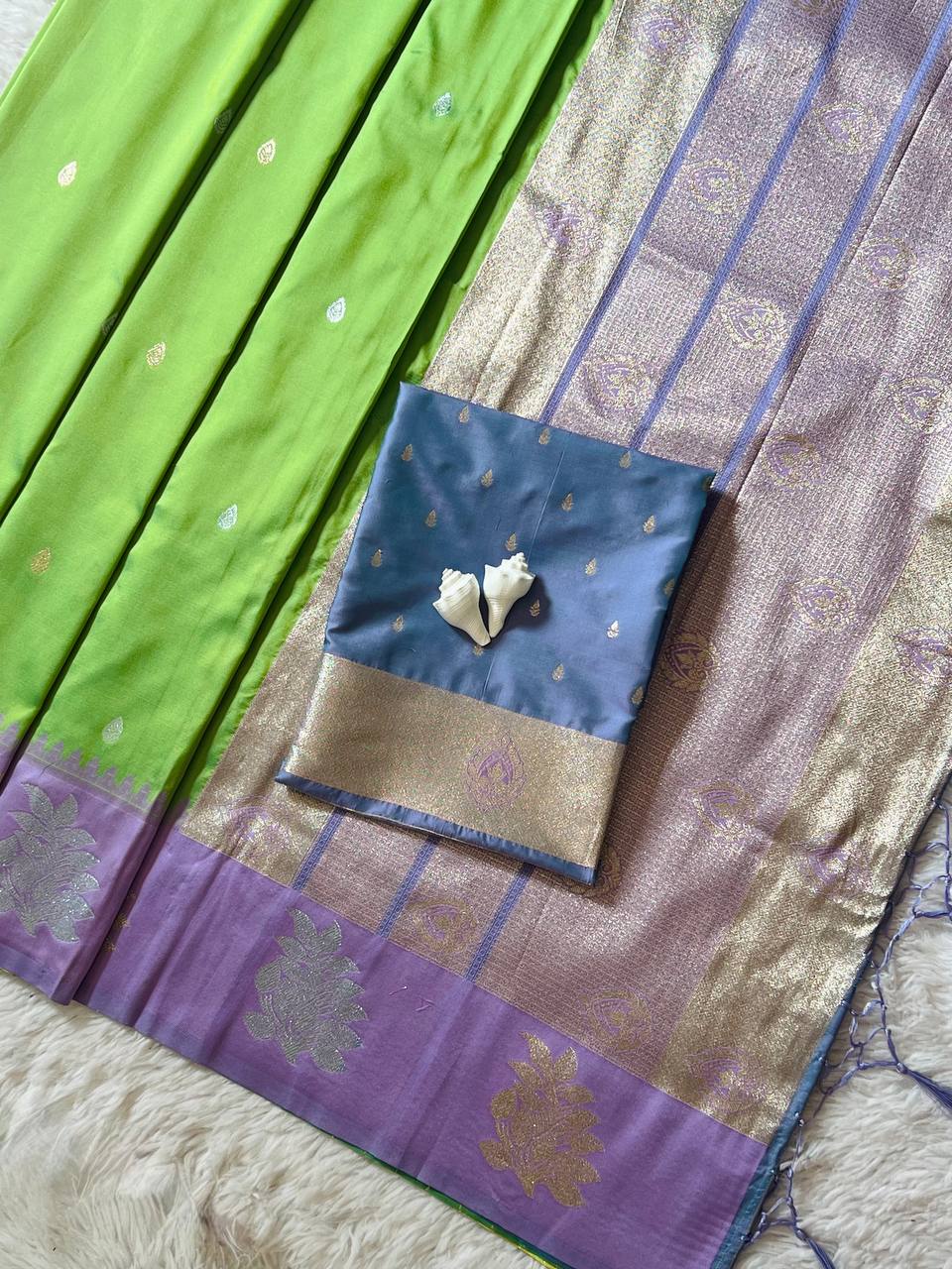 Parrot Green Luxury Silk Saree with Lavender Purple Banarasi Border & Silver Zari Butta Motifs