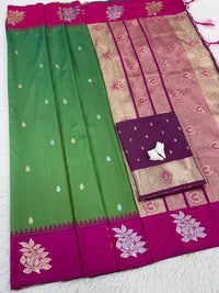 Classic Green Luxury Silk Saree with Rani Pink Banarasi Border & Zari Butta Motifs