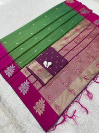 Classic Green Luxury Silk Saree with Rani Pink Banarasi Border & Zari Butta Motifs