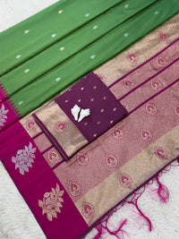 Classic Green Luxury Silk Saree with Rani Pink Banarasi Border & Zari Butta Motifs