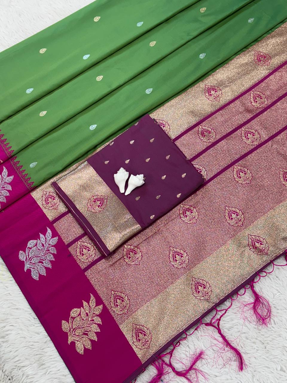 Classic Green Luxury Silk Saree with Rani Pink Banarasi Border & Zari Butta Motifs