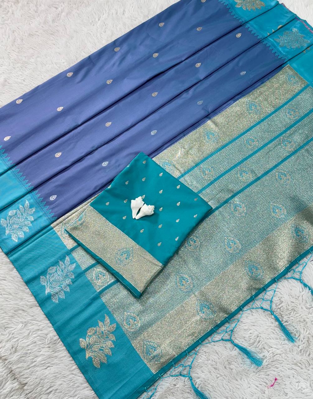 Steel Blue Luxury Silk Saree with Teal Blue Banarasi Border & Silver Zari Butta Motifs