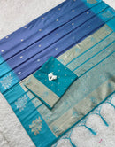 Steel Blue Luxury Silk Saree with Teal Blue Banarasi Border & Silver Zari Butta Motifs