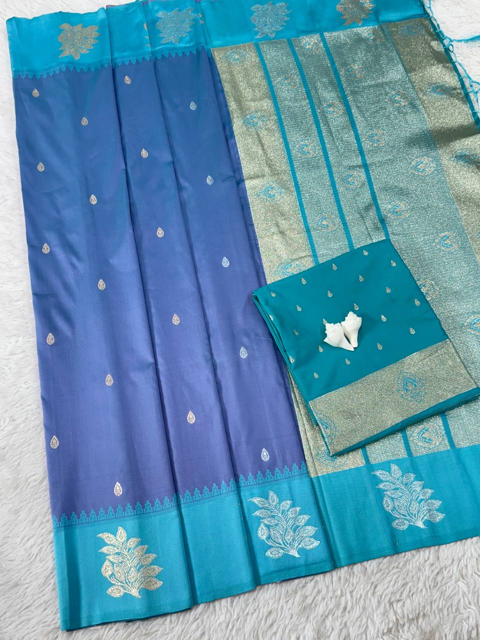 Steel Blue Luxury Silk Saree with Teal Blue Banarasi Border & Silver Zari Butta Motifs