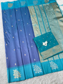 Steel Blue Luxury Silk Saree with Teal Blue Banarasi Border & Silver Zari Butta Motifs