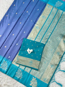 Steel Blue Luxury Silk Saree with Teal Blue Banarasi Border & Silver Zari Butta Motifs