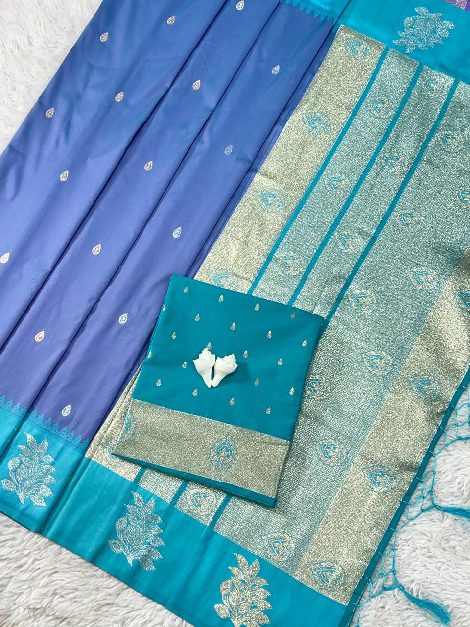 Steel Blue Luxury Silk Saree with Teal Blue Banarasi Border & Silver Zari Butta Motifs