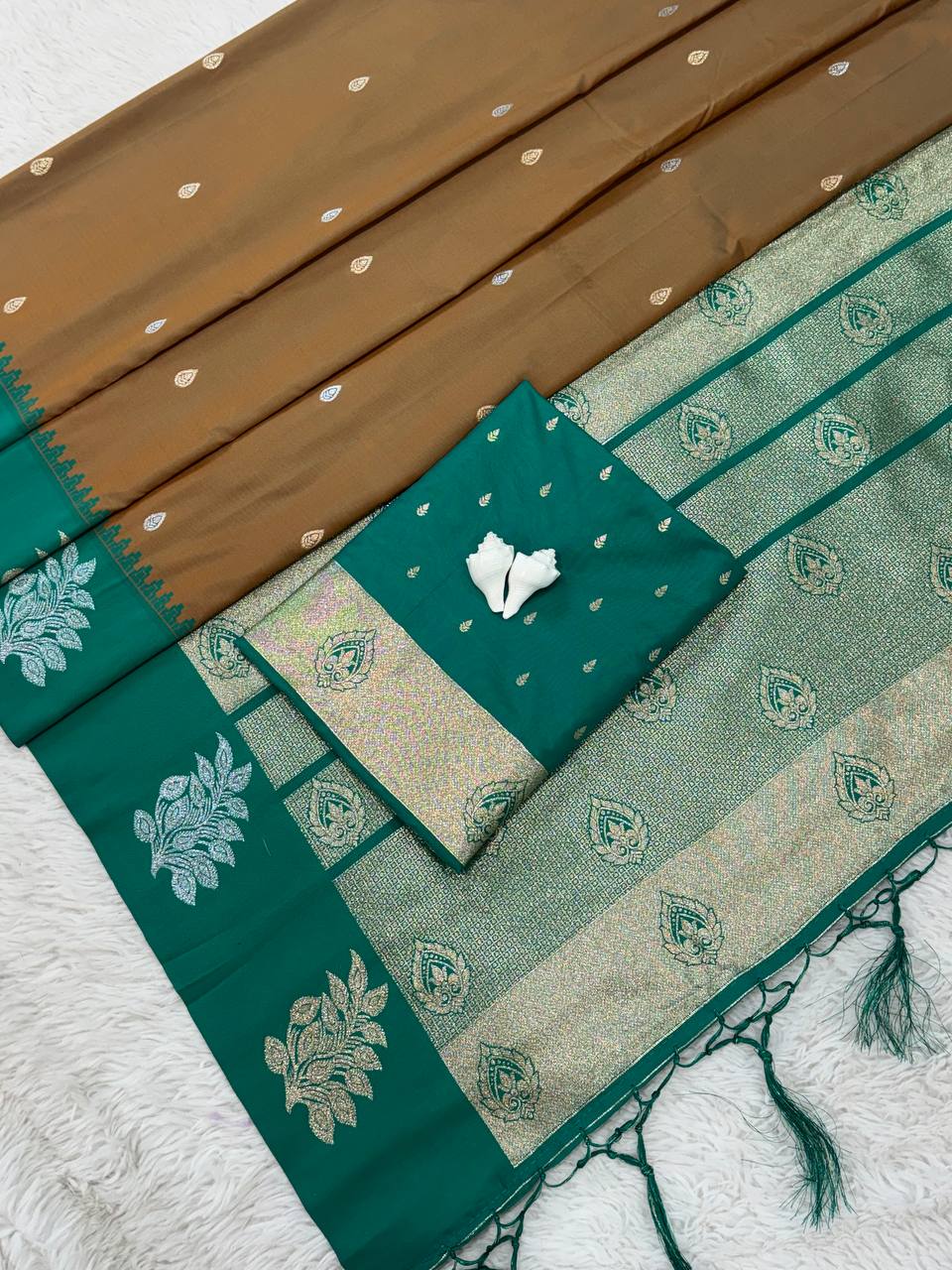 Coffee Brown Luxury Silk Saree with Emerald Green Banarasi Border & Silver Zari Butta Motifs