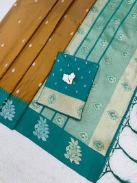 Coffee Brown Luxury Silk Saree with Emerald Green Banarasi Border & Silver Zari Butta Motifs