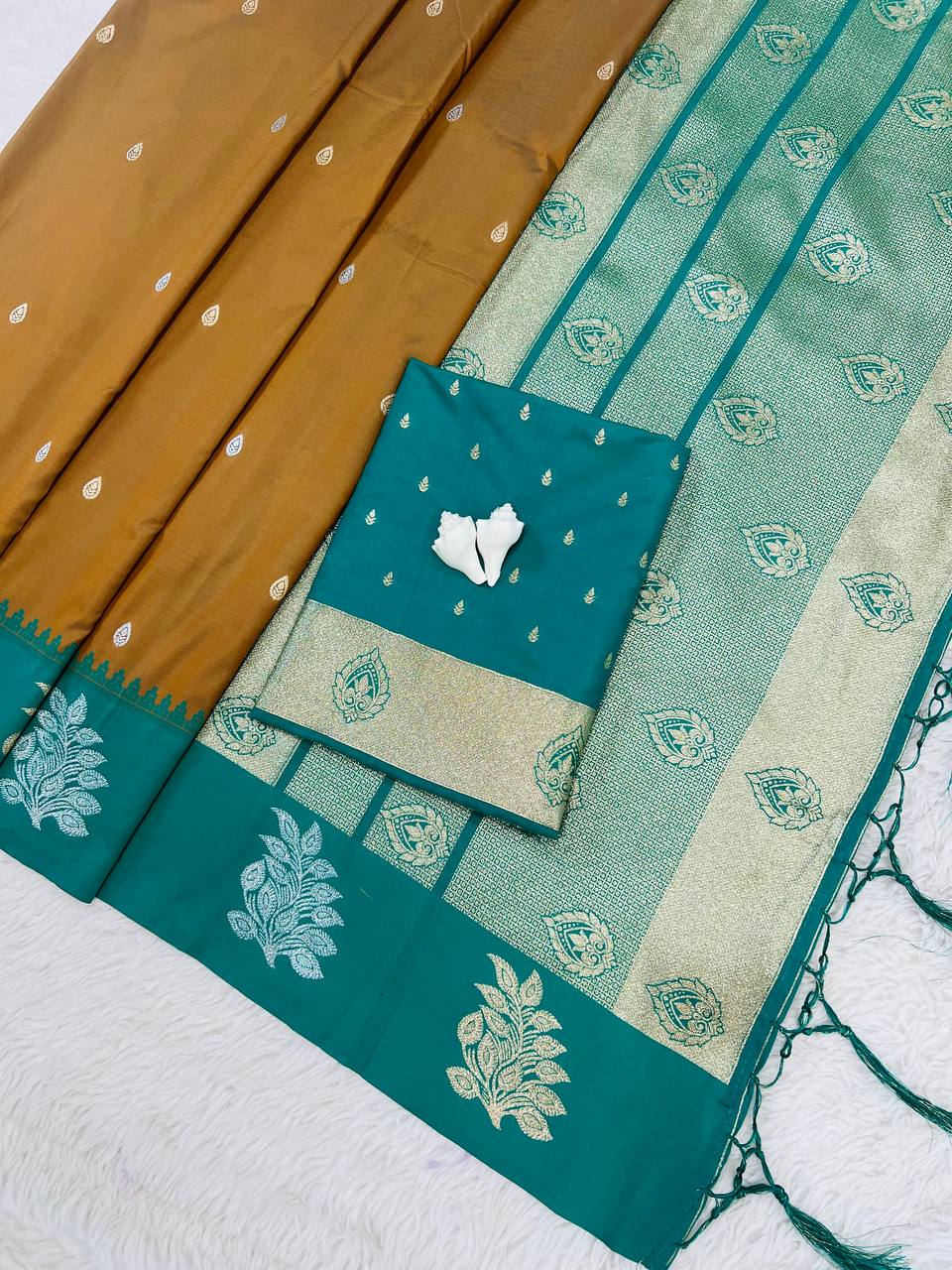 Coffee Brown Luxury Silk Saree with Emerald Green Banarasi Border & Silver Zari Butta Motifs