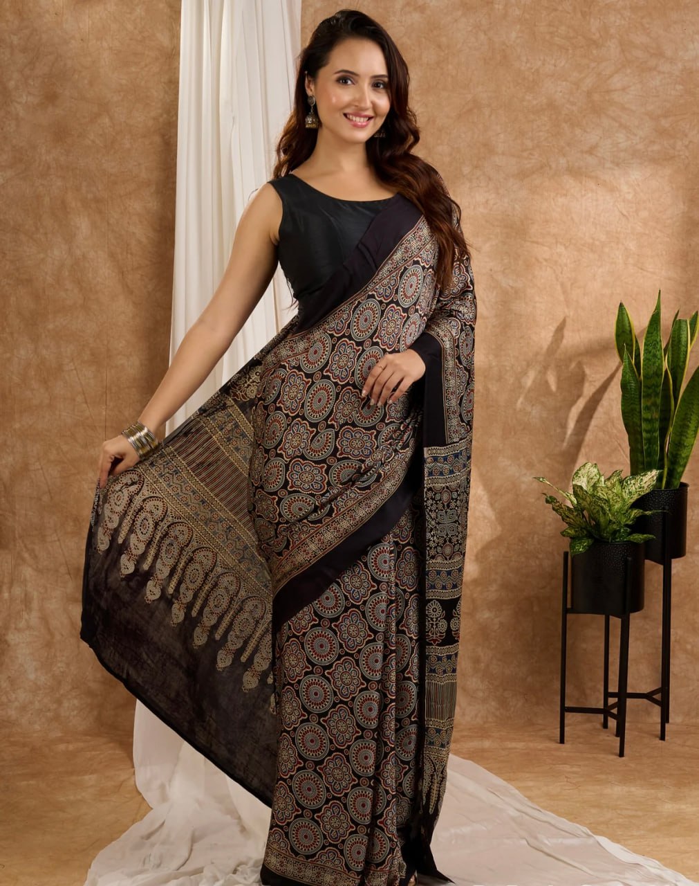 Heritage Noir Semi Gajji Silk Saree with Ajrakh Inspired Intricate Pallu Design
