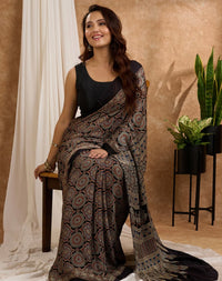 Heritage Noir Semi Gajji Silk Saree with Ajrakh Inspired Intricate Pallu Design