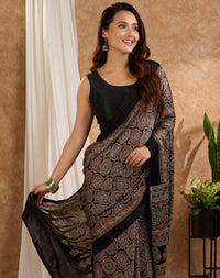 Heritage Noir Semi Gajji Silk Saree with Ajrakh Inspired Intricate Pallu Design