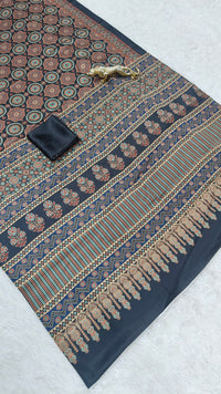 Heritage Noir Semi Gajji Silk Saree with Ajrakh Inspired Intricate Pallu Design