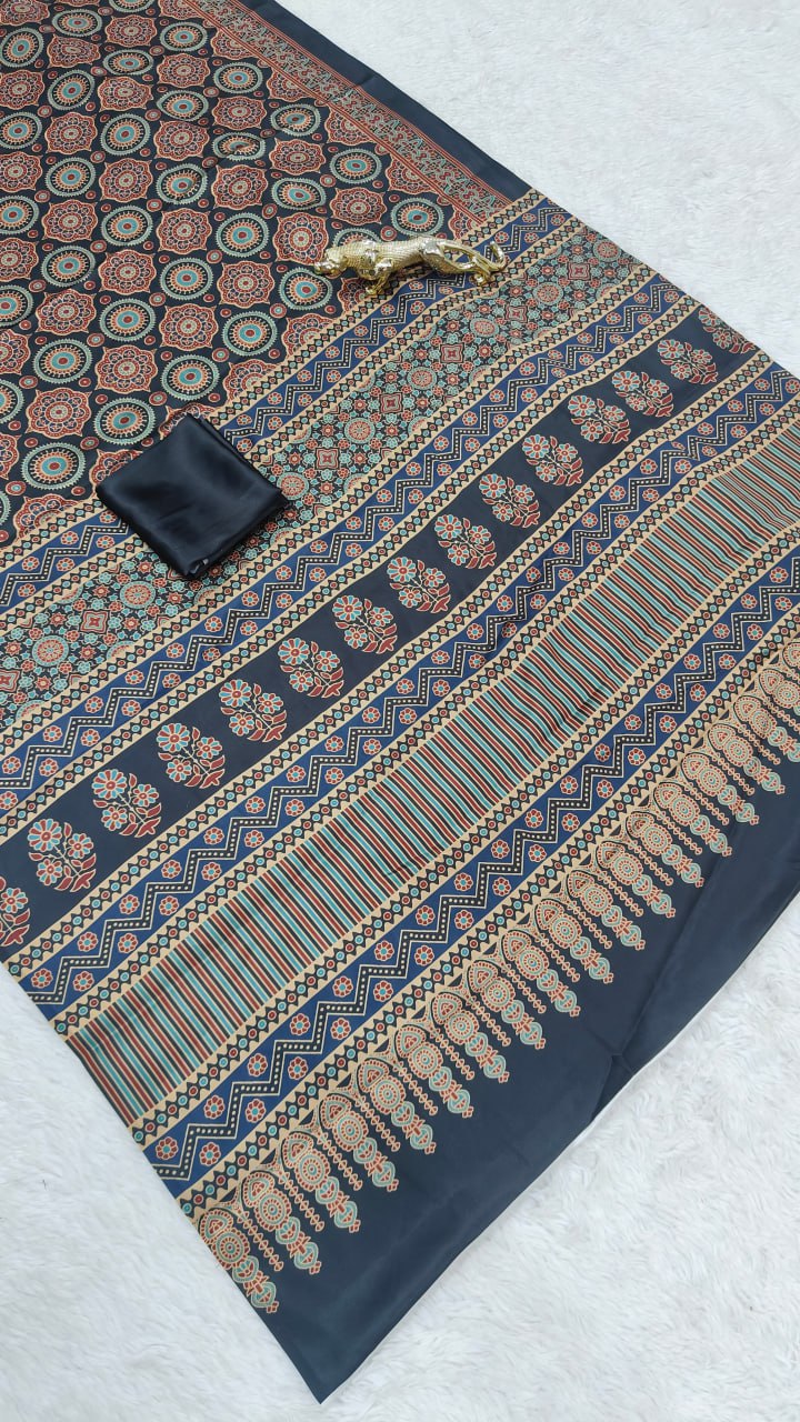 Heritage Noir Semi Gajji Silk Saree with Ajrakh Inspired Intricate Pallu Design