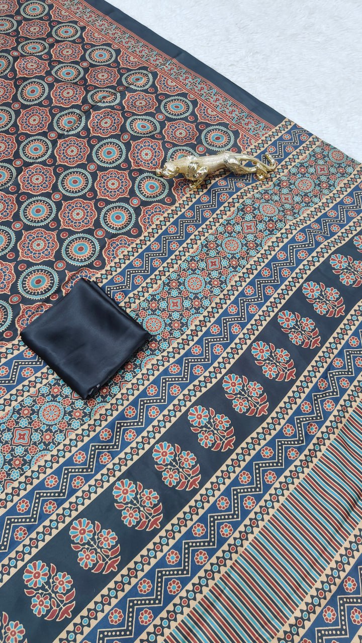 Heritage Noir Semi Gajji Silk Saree with Ajrakh Inspired Intricate Pallu Design